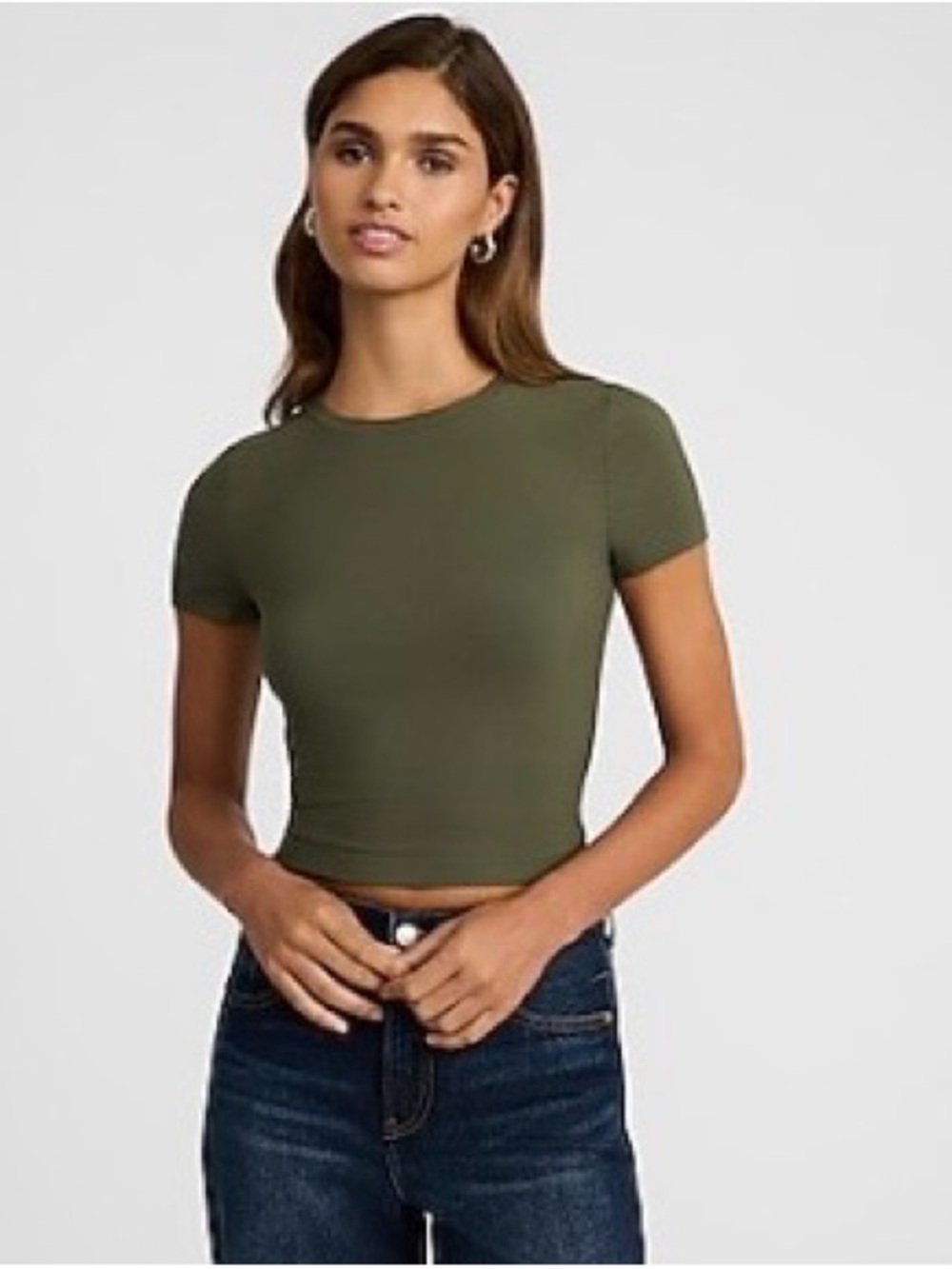 Express Essential Fitted Ribbed Crew Neck Tee Army Olive Green